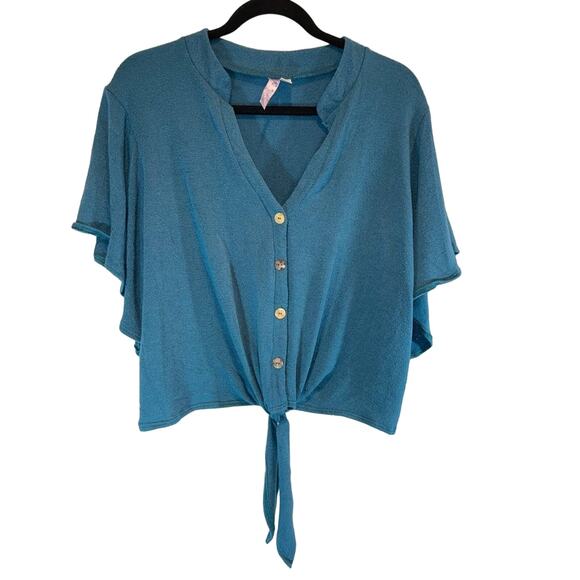 Francesca’s Collections Button-up V-neck Short Sleeve T-shirt with Tie Front - Picture 1 of 3